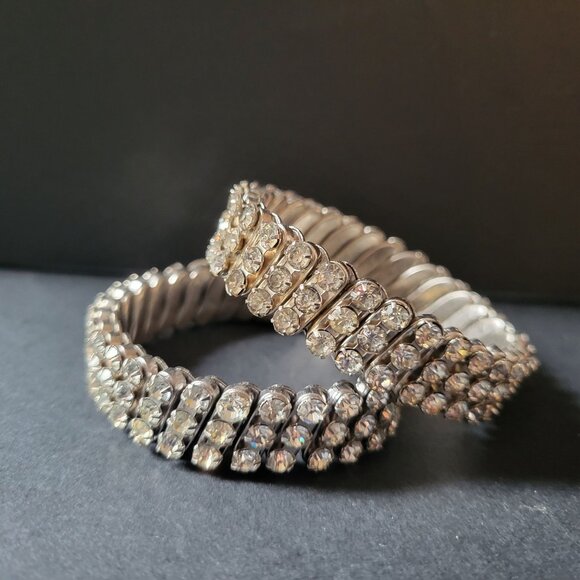 Vintage BSK Silver-Tone Rhinestone Stretch Bracelets Set Of 2 Made In British Ho - Picture 3 of 8